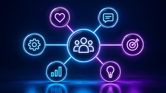 Central glowing neon team icon connecting to various business symbols like heart chat target lightbulb and graph representing a collaborative business network.
