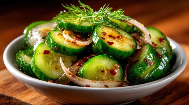 A vibrant bowl of cucumber salad garnished with fresh herbs and spices, representing healthy eating and a refreshing culinary experience.