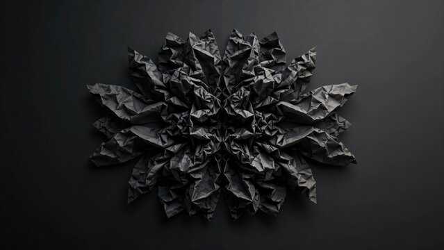 Black crumpled paper sculpture radiates like a bloom against a dark, muted background