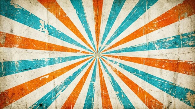 Retro Sunburst Background, Vintage Orange Blue Rays, Grunge Textured Pattern