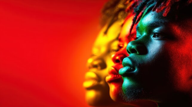 Profiles of diverse individuals illuminated by vibrant colors, representing unity and identity against a striking backdrop, showcasing the beauty of diversity in society.