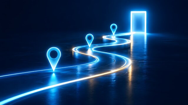 Winding neon glowing roadmap with location pins leading to a bright doorway symbolizing a business journey and future destination success.