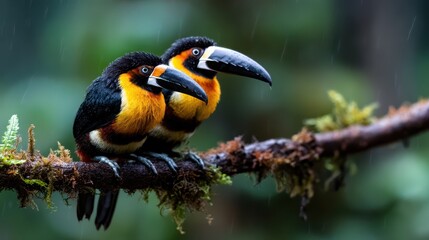 Fototapeta premium This vibrant image captures two toucans perched closely together on a branch, showcasing their colorful feathers and unique beaks in a lush tropical rainforest setting.
