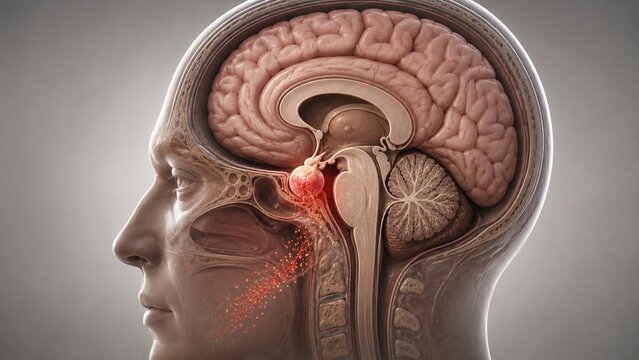 Detailed 3D Medical Illustration of a Human Brain Sagittal Cross-Section Showing a Pituitary Tumor and Pathology