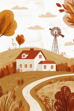 A cozy, flat-style drawing of a small farmhouse with a windmill spinning in the background, using warm, earthy tones.