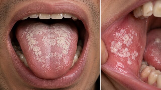 Clinical View of Oral Candidiasis Thrush with White Patches on Tongue and Inner Cheek Mucosa