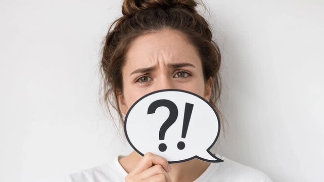 Confused woman holding a speech bubble with a question and exclamation mark. Frowning girl hiding her mouth behind a paper sign on a white background. Doubt and misunderstanding