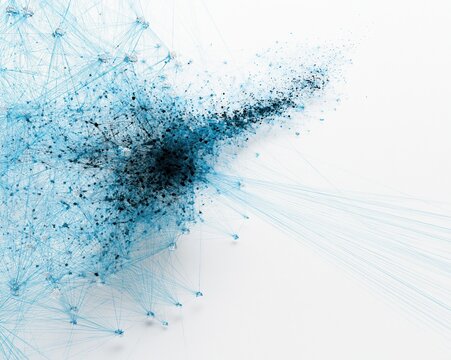 Particle mesh network with a dense carbon black cluster and bright blue connecting lines on a high-key background for technology and AI overlays