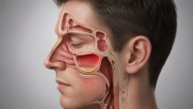 Detailed Medical Illustration of Human Sinus Anatomy and Nasal Cavities with Maxillary Sinusitis