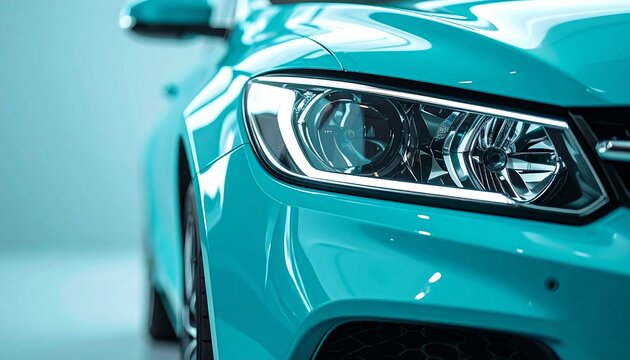 Close-up of a turquoise luxury car front headlight detail