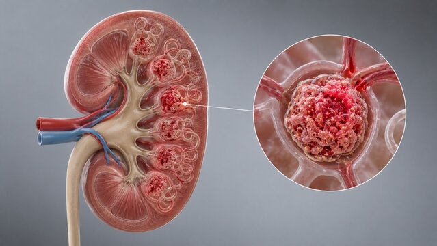 Detailed 3D Medical Illustration of Human Kidney Anatomy with Microscopic Glomerulus Zoom Inset