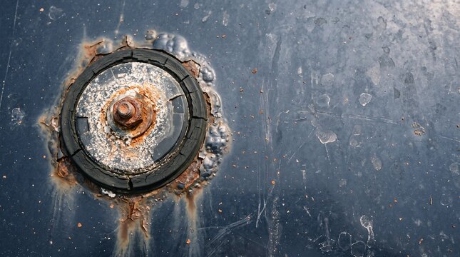 Rusty metal bolt and corroded washer on old car surface. Weathered automotive paint with heavy oxidation and bubbling. Industrial texture