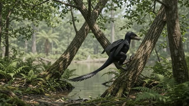 Feathered Microraptor Glides Between Trees in a Prehistoric Forest Swamp