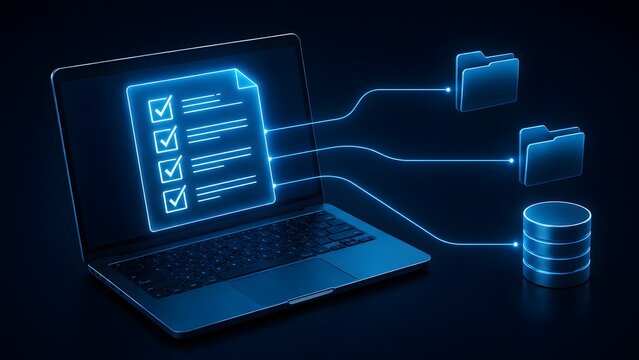 Laptop computer displaying digital checklist connected to glowing folders and database representing secure cloud storage and data synchronization.