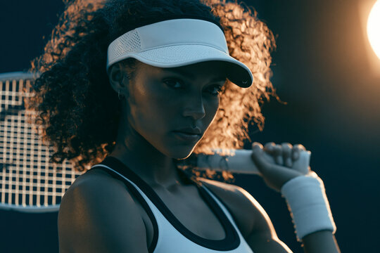 A female athlete is shown from the chest up, holding a white tennis racket across her back.