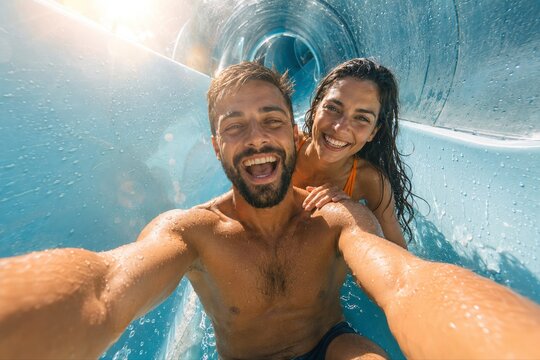 A young couple going down a water slide in an amusement park.