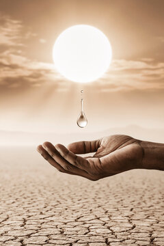 Conceptual image of a single crystal-clear drop of water suspended above a person's outstretched hand in a vast cracked desert.