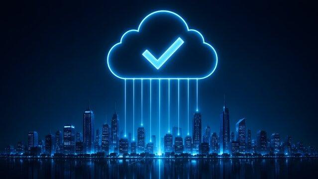 Glowing blue cloud computing symbol with checkmark hovering over a smart city skyline representing successful enterprise data network infrastructure.