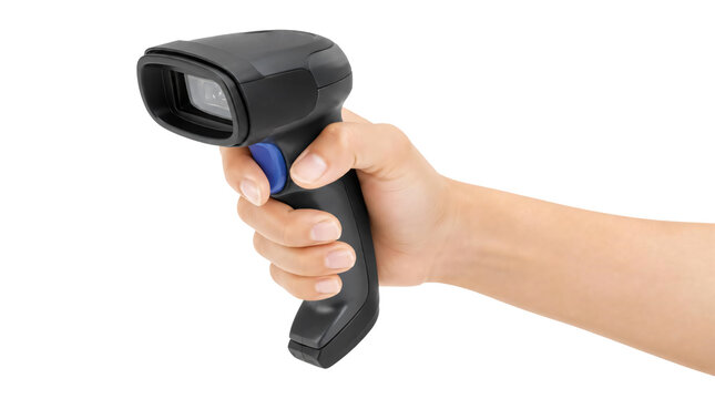 A hand holding handheld barcode scanner isolated on transparent background