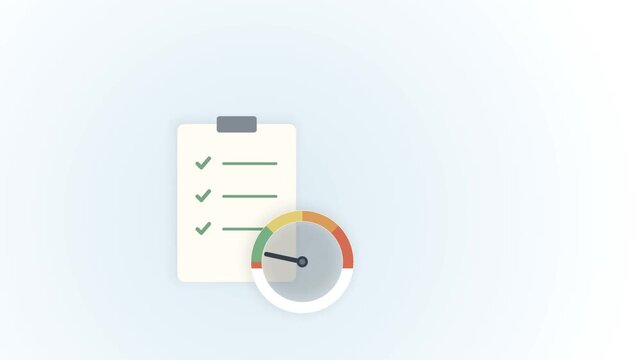 Clipboard with green checkmarks and a performance gauge showing high speed for productivity and task management concepts
