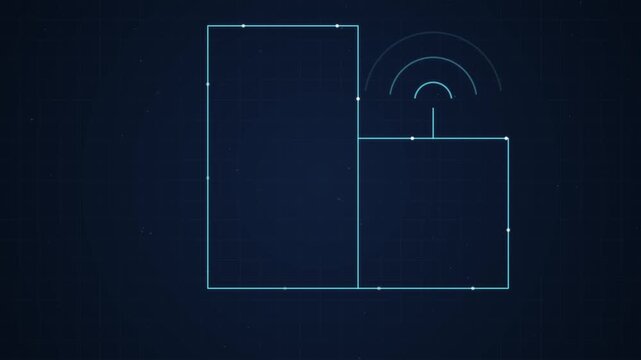 Dark Blue Building Icon with Wireless Signal Waves on Teal Textured Surface for Smart Home Technology Concept