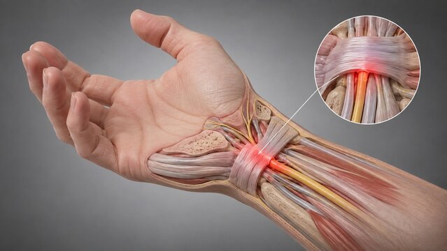 3D Illustration of Carpal Tunnel Syndrome Showing Median Nerve Compression and Detailed Hand Anatomy Inflammation
