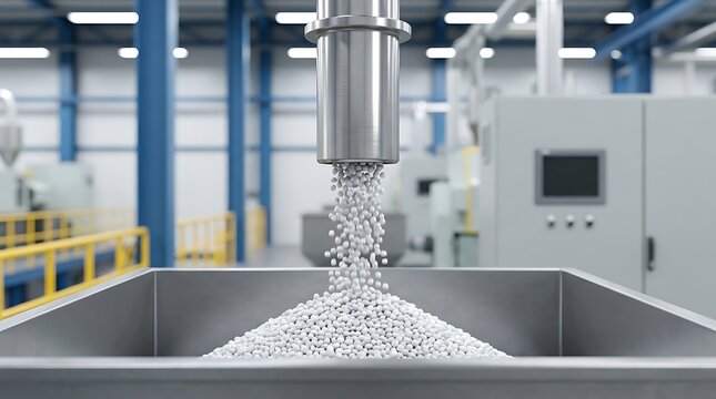Automated steel nozzle dispensing white recycled plastic pellets into large metal bin inside clean industrial plant during modern polymer material processing.
