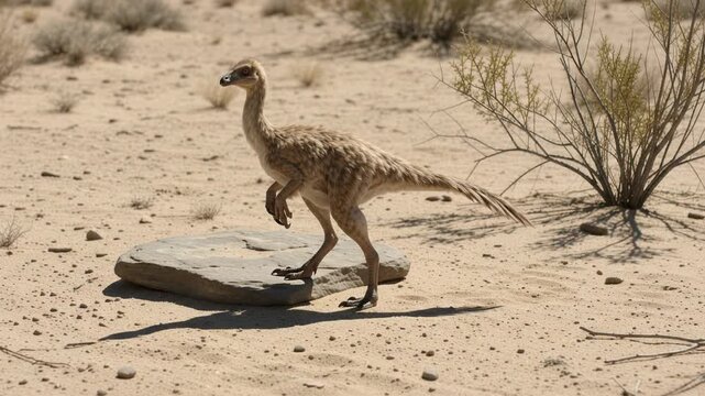 Mononykus Walks Across a Sandy Desert Past a Flat Stone in Bright Sunlight