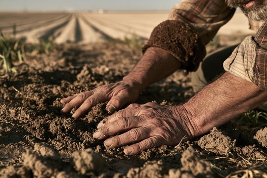 Hands of a farmer pressing into rich tilled soil to test moisture and texture in an open field, with copy space for agriculture and soil health