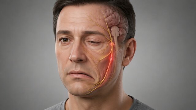 3D Medical Illustration of Bell's Palsy Showing Facial Nerve Inflammation and Muscle Paralysis