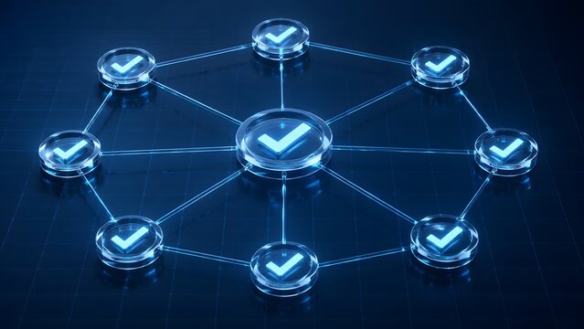 Glowing blue digital network nodes with checkmarks representing secure blockchain consensus and verified data connections.