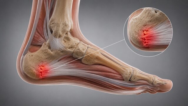 Human Foot Anatomy Illustration Showing Heel Pain and Achilles Tendon Inflammation with Detailed Zoom Close-up
