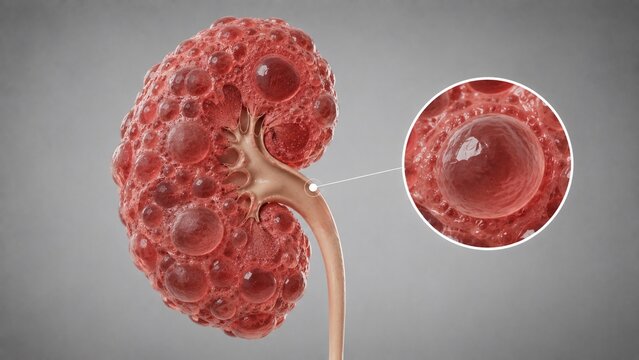 Polycystic Kidney Disease (PKD) Medical Illustration Showing Fluid-Filled Cysts and Detailed Inset View