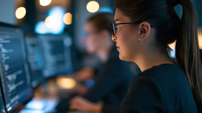 over the shoulder view of two women working together on a coding project at bright computer screens in a modern office, cropped composition, software development, teamwork,