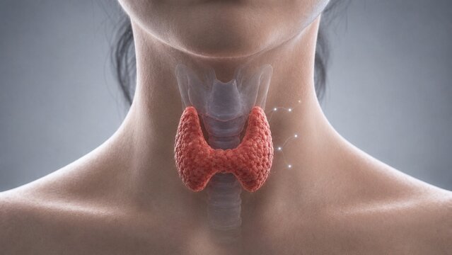 3D Medical Illustration of Human Thyroid Gland and Endocrine System Anatomy in Female Neck