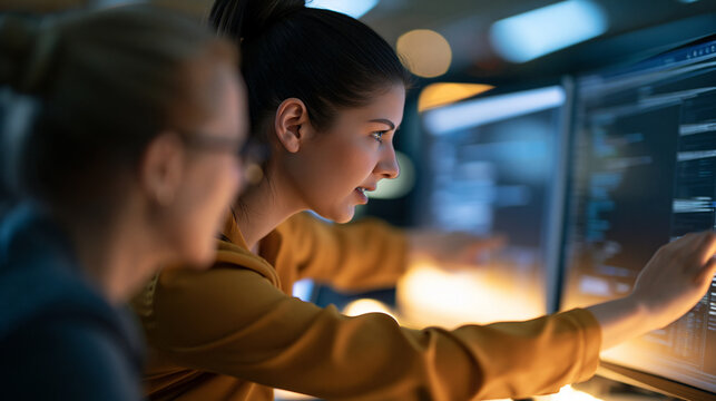 over the shoulder view of two women working together on a coding project at bright computer screens in a modern office, cropped composition, software development, teamwork,