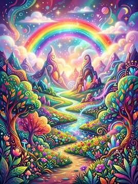 Fantasy landscape with rainbow and magical river in a vibrant enchanted forest valley.