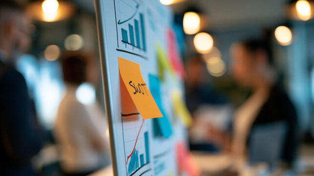 close up of a bright whiteboard filled with business growth strategy diagrams, swot analysis notes, and graphs in colorful marker, macro detail shot, strategic planning, corporate