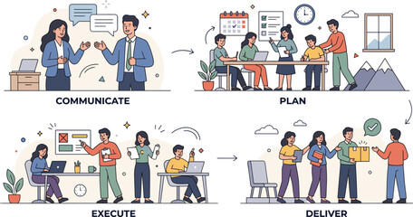 Fototapeta premium This detailed vector workflow illustration depicts a four-step business process cycle featuring diverse professional teams collaborating through communication, planning, execution, and final delivery.