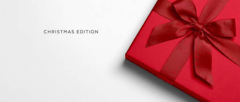 Red Christmas gift box with ribbon bow on white background. Minimalist holiday present banner