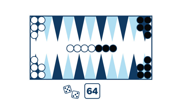 Classic backgammon board game setup with white and black checkers placed on triangular points and two dice showing values sixty four.