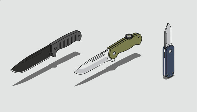 Set of three diverse knives including a tactical combat knife a survival tool and a folding pocket knife for outdoor adventures.