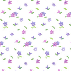 Fototapeta premium 水彩風の桔梗のシームレスな小花柄パターン（紫・緑、背景透過）