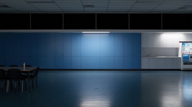 Empty modern staff break room with glowing vending machine, featuring cool blue cabinetry and a polished floor for office backgrounds and copy space