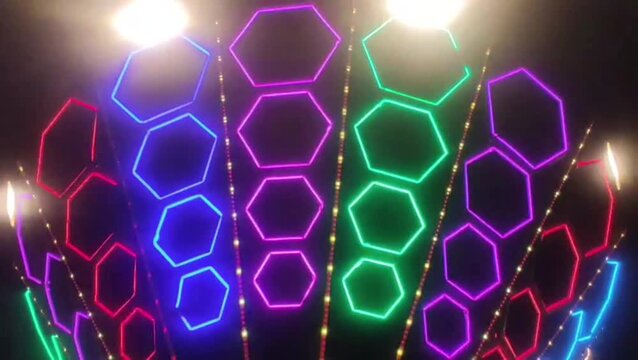 Neon hexagon light display, colorful geometric LED patterns on a dark background, vibrant carnival illumination for nightlife and events