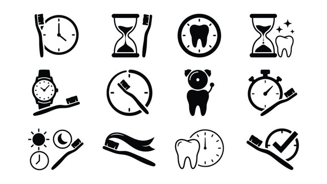 Black and white icons showing dental care combined with time management concepts