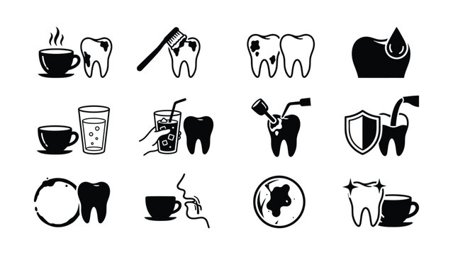 Black and White Dental Care and Habits Icon Set with Tooth Illustrations