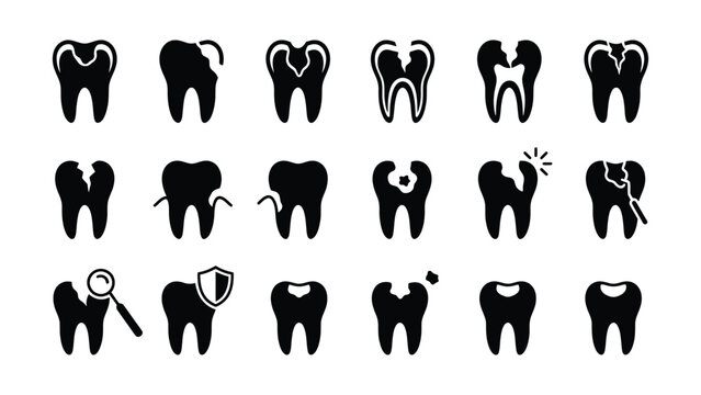 Collection of dental icons showing various tooth conditions and treatments