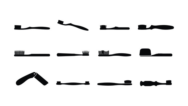 Collection of various toothbrush styles and designs in silhouette format