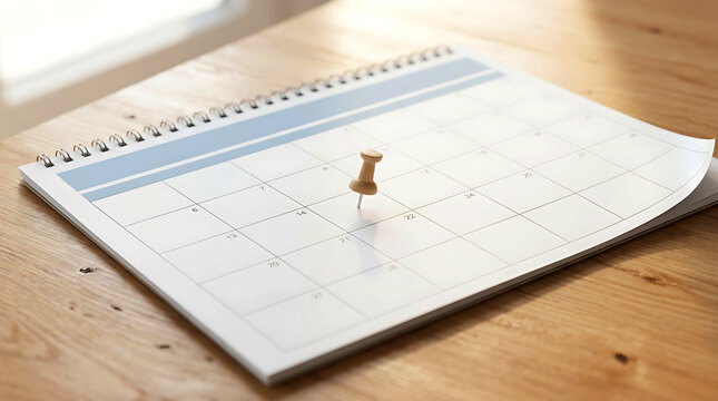 Wooden pushpin marking date on desktop calendar planner on wooden table